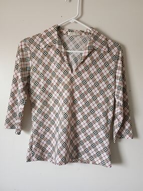 Vintage Y2K COIN Plaid Sequin Top Small Made USA Stretch 3/4 Sleeve Collared